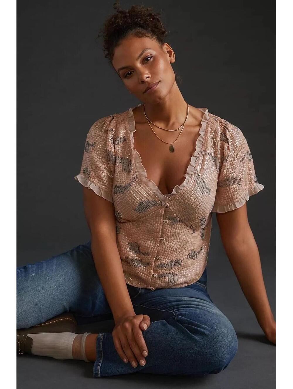 NWT Anthropologie Forever That‎ Girl Sequined Blouse Size XSmall V-Neck Neutral